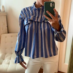 Mock Neck Ruffle Blouse with Striped Details